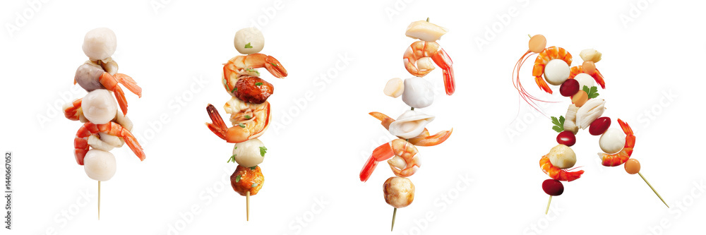 Set of Mixed Seafood Skewer with Shrimp and Fish Balls, on White or transparent background