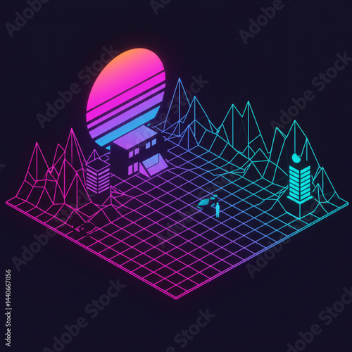 Futuristic Cityscape: Retrowave Mountains and Neon Sun