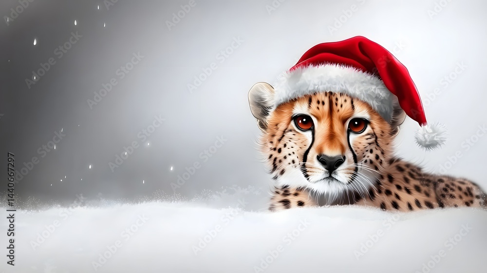 Cheetah Wearing a Santa Hat Amidst a Wintery Snowy Landscape with Gentle Snowflakes Cheetah Wearing a Santa Hat Amidst a Wintery Snowy Landscape with Gentle Snowflakes