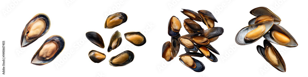 Set of Mussels in Shell with Inner Detail Exposed, on on White or transparent background