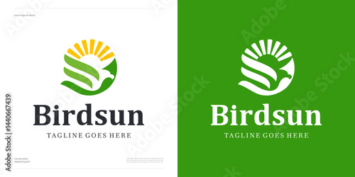 Creative ideas sun bird logo design, flying bird combination with half sunburst icon, Hummingbird, Falcon, Eagle, Hawk, with green color for animal landscape nature, Modern symbol vector inspiration
