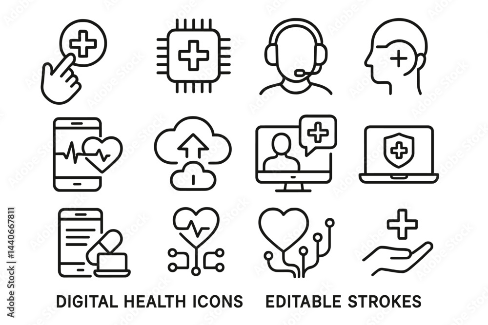 Fototapeta premium Collection of digital health icons showcasing various aspects of telemedicine and healthcare technology