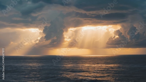 Obraz na płótnie Streaks of golden sunlight breaking through storm clouds over sea Dramatic lig w salonie