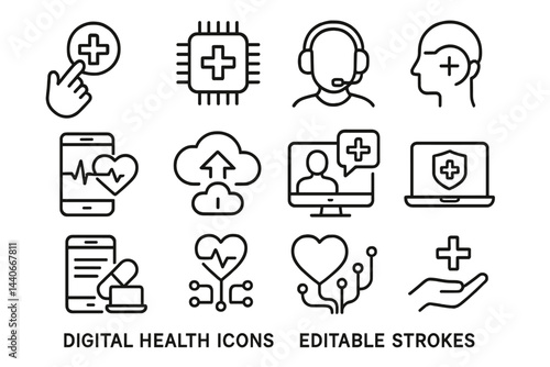 Collection of digital health icons showcasing various aspects of telemedicine and healthcare technology