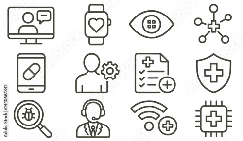 Health technology icons illustrating telemedicine, wearables, and health management tools in a digital environment