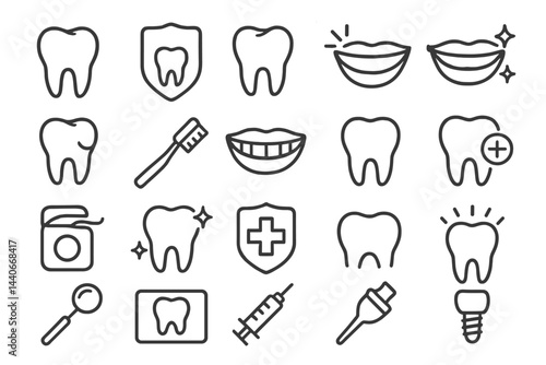 Tooth care icons collection featuring dental tools, oral health symbols, and hygiene activities