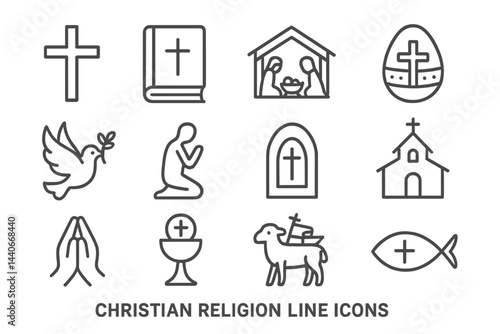 Christian religious symbols illustrated in a simple line style showcasing various elements of faith and worship