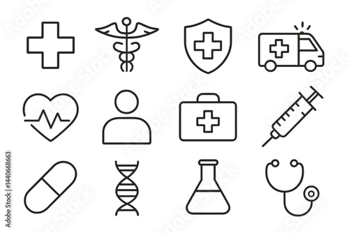Medical symbols and icons representing health care, emergency services, and medical research in a clear design
