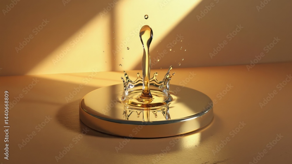 Liquid gold drop forming ripple pattern on mirror surface Luxury visual, circu