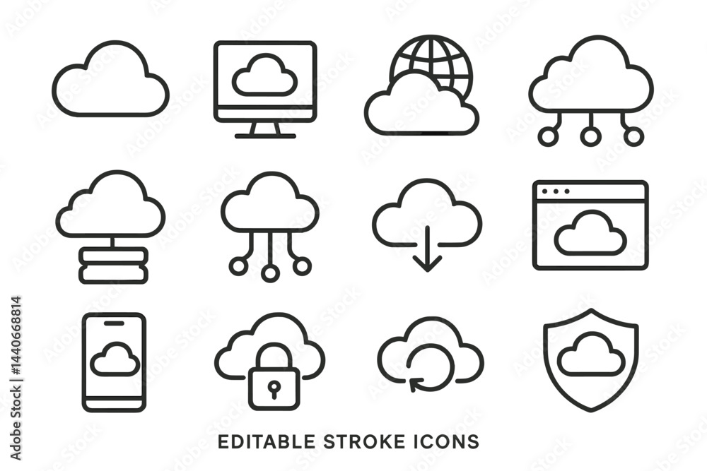 Collection of minimalistic cloud icons representing various aspects of cloud computing and digital services in a clean design Collection of minimalistic cloud icons representing various aspects of cloud computing and digital services in a clean design