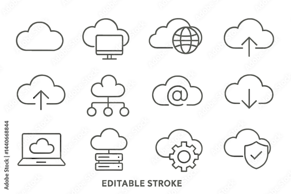 Collection of cloud computing icons representing various online activities and services used for data management and storage Collection of cloud computing icons representing various online activities and services used for data management and storage