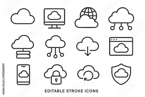 Collection of minimalistic cloud icons representing various aspects of cloud computing and digital services in a clean design