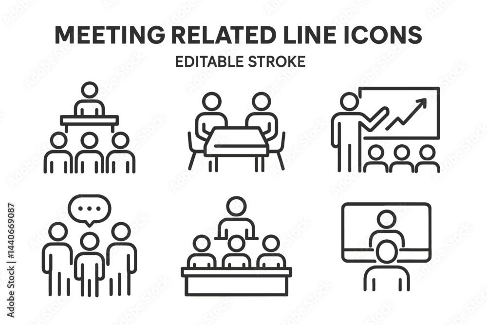 Meeting related line icons representing various activities in a professional setting Meeting related line icons representing various activities in a professional setting