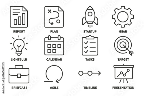 Icons representing business concepts for planning, startup, and project management tasks in a modern workspace
