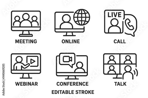 Online meeting and conference icons for virtual communication and collaboration applications