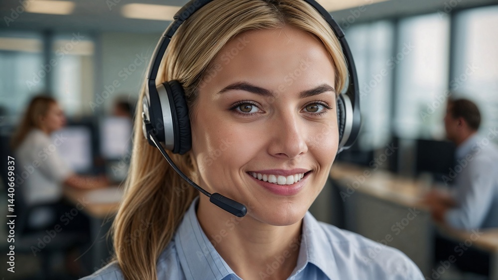 Professional Female Call Center Agent Smiling with Headset in Modern Office, High-Resolution Stock Photo Professional Female Call Center Agent Smiling with Headset in Modern Office, High-Resolution Stock Photo
