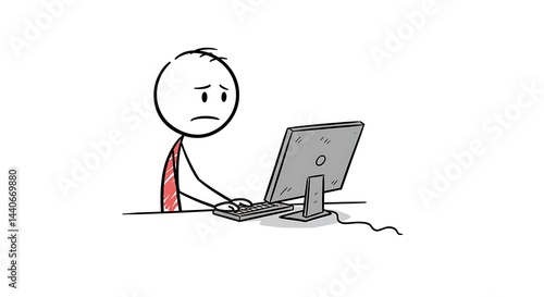 Sad Stickman Working on Computer, Illustration of Frustration and Stress at Work