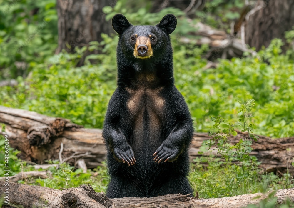 Obraz premium Majestic Black Bear Standing Amidst Lush Greenery in a Forest Setting with Fallen Logs and Natural Habitat Surrounding the Animal