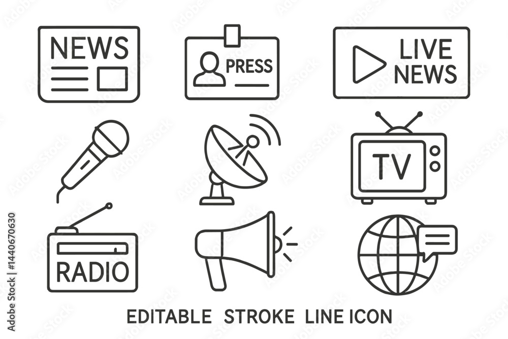 Fototapeta premium Live news broadcasting symbols with microphone, satellite, and television illustrations for media representation