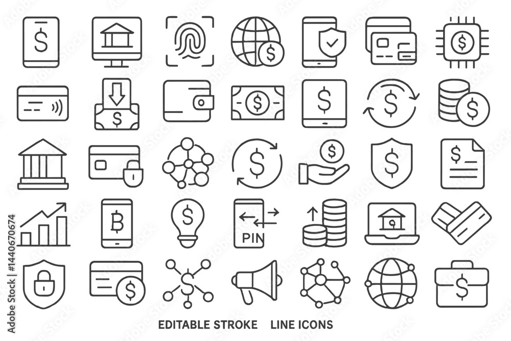 Financial technology icons representing banking, transactions, and digital security in a modern design layout Financial technology icons representing banking, transactions, and digital security in a modern design layout
