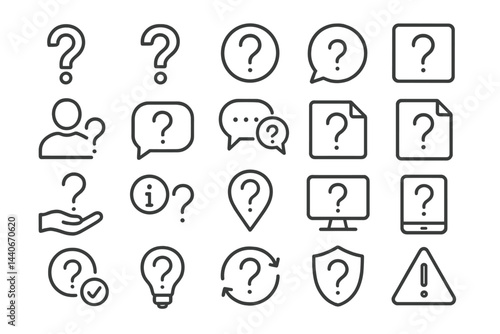 Various question marks and symbols representing inquiry and information seeking in a grid layout on a simple background