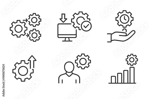 Icon set representing productivity, technology, and efficiency in a modern workspace environment with gears and graphs