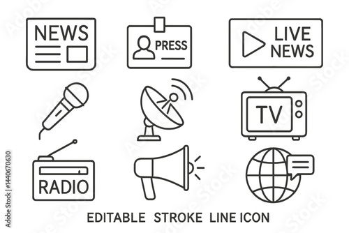 Live news broadcasting symbols with microphone, satellite, and television illustrations for media representation