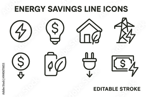 Illustrations of energy savings concepts in simple line icons showcasing various symbols related to conservation