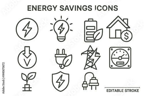Energy savings icons depicting eco-friendly concepts and sustainable practices for effective living