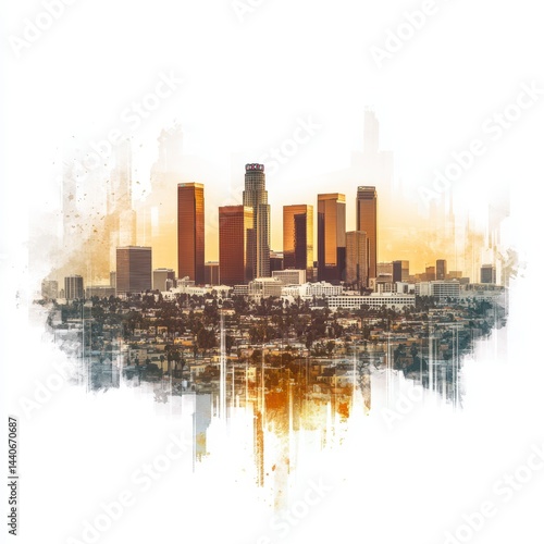 Los Angeles Cityscape at Sunset Golden Hour Urban Skyline Painting