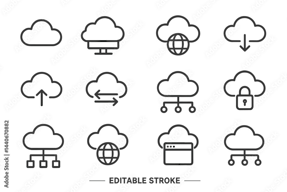 Cloud computing icons depicting various functions and features for digital services and data management Cloud computing icons depicting various functions and features for digital services and data management