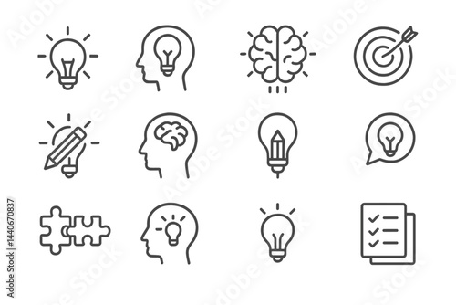 Illustrations of creativity and problem-solving concepts represented through light bulbs, brains, and brainstorming activities