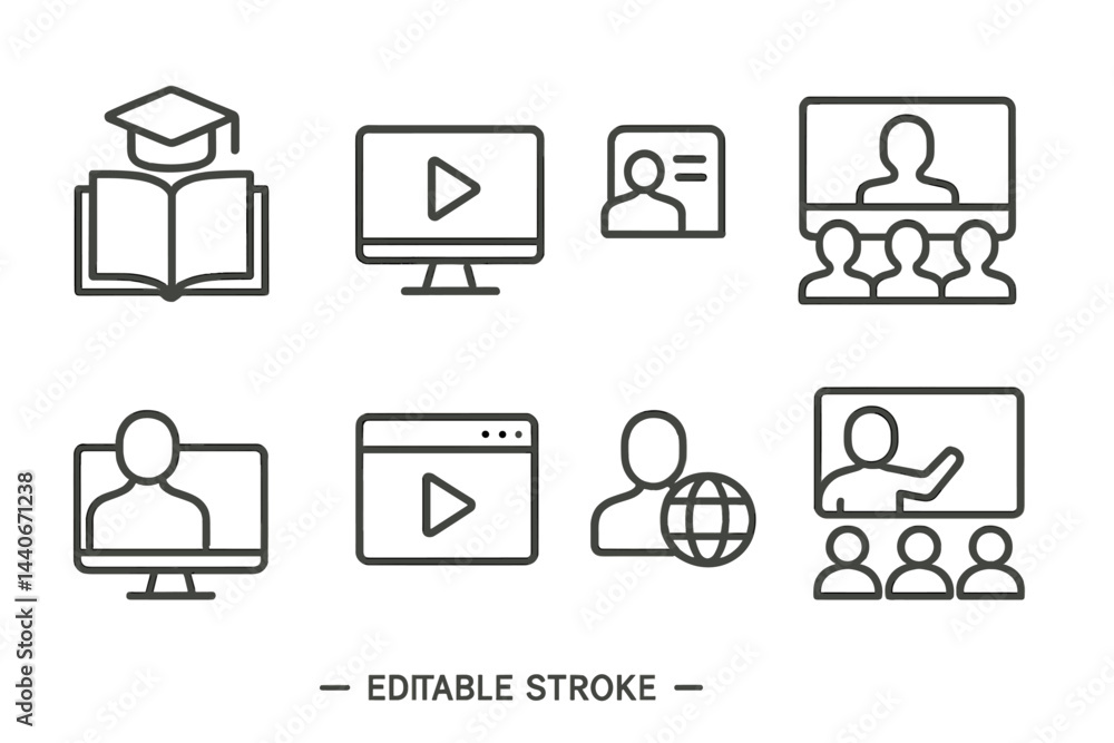 Icons representing online education elements such as graduation, video lectures, and virtual classrooms Icons representing online education elements such as graduation, video lectures, and virtual classrooms