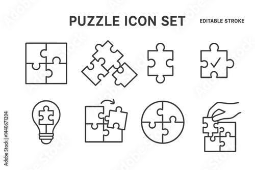 Unique puzzle icons depicting various arrangements and interactions with pieces and a light bulb representation