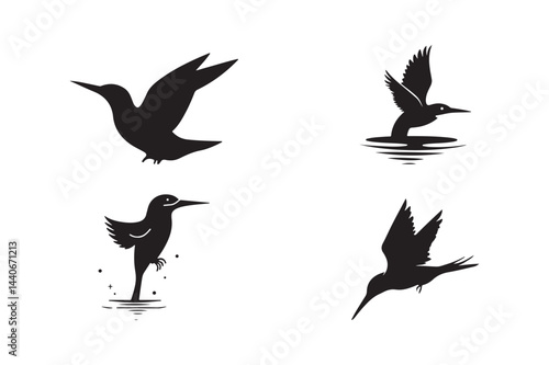 Kingfisher Bird Silhouettes Vector Art Flying, Diving, Water Birds Clipart