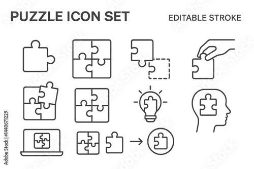 Collection of puzzle icons featuring various arrangements and piece placements for creative projects and design