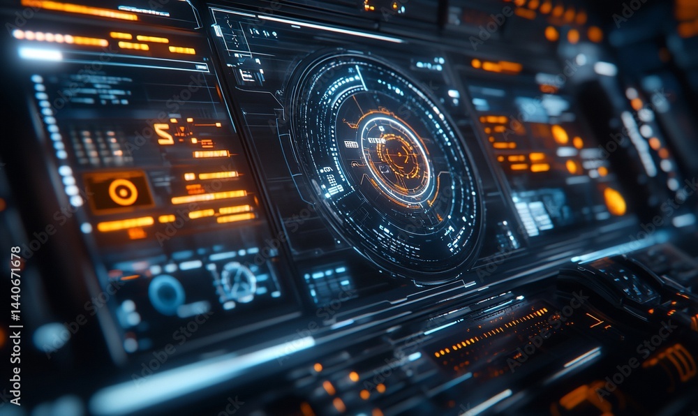 Futuristic command center displaying complex glowing interfaces Futuristic command center displaying complex glowing interfaces