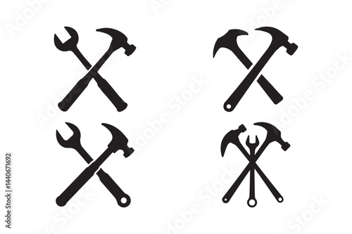 Crossed Tools Silhouette Vector Art Hammer and Wrench Icon Clipart Set