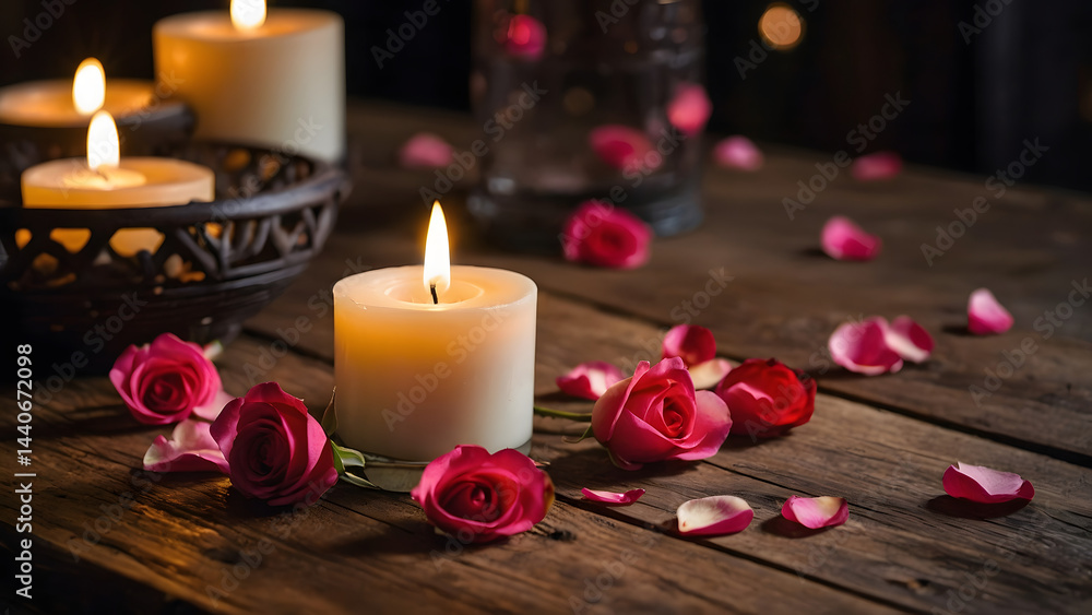 Fototapeta premium Romantic candles and pink rose petals on rustic wooden table in cozy warm light with copy space