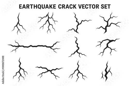 Earthquake crack vector set featuring various styles of cracks and fissures on a white background for design purposes