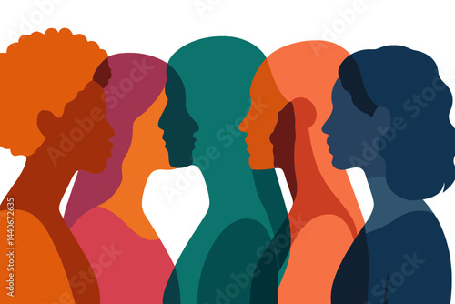 Diverse silhouettes of women in vibrant colors illustrating unity, strength, and individuality in a contemporary art style