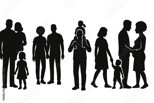 Diverse group of silhouettes representing families and relationships gathered together in a social setting during daytime