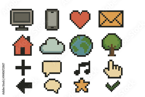 Colorful pixelated icons represent technology, communication, and nature in a modern digital art composition