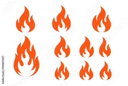 Colorful flames in various shapes and sizes set against a white background for graphic design use
