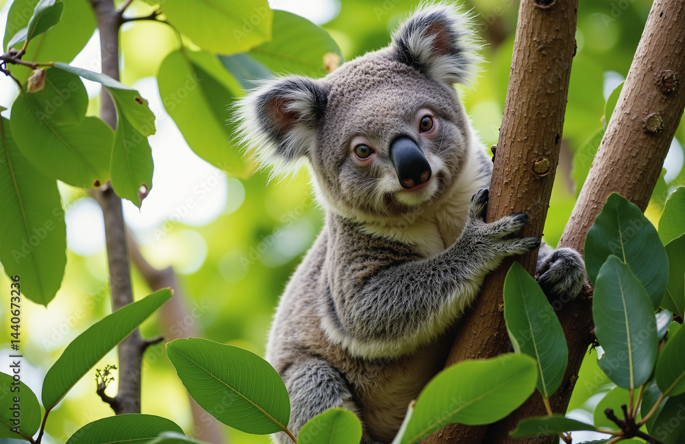 Fototapeta premium Koala perched on tree branch, surrounded by eucalyptus leaves, serene gaze.