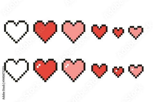 Pixel hearts in various shades and sizes representing love and affection in digital art