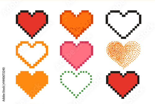Pixel art representation of various heart designs in different colors and styles displayed in a grid format