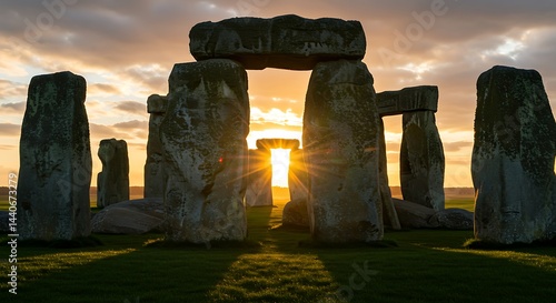 Stonehenge Silhouette: Ancient Stones Catching First Light at Dawn, United Kingdom Heritage Site, Ethereal Golden Hues
