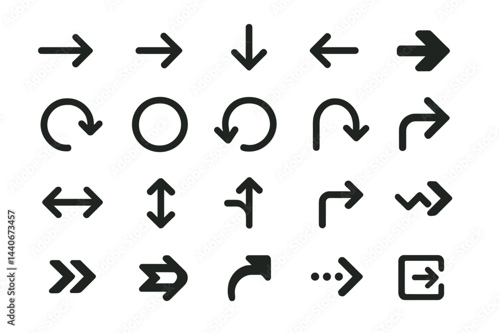 Collection of directional icons showing various arrows and symbols commonly used for navigation and indication in design and technology Collection of directional icons showing various arrows and symbols commonly used for navigation and indication in design and technology