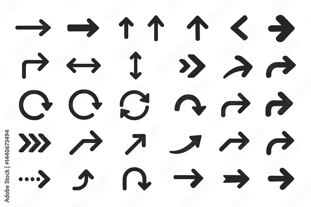 Collection of black directional arrows and symbols suitable for diverse graphic and design applications Collection of black directional arrows and symbols suitable for diverse graphic and design applications